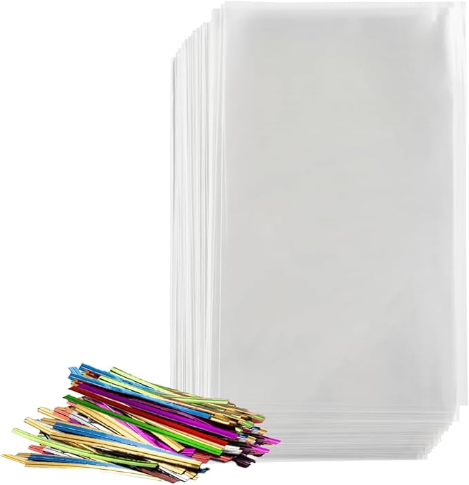 Prestee 200 Pack Clear Cellophane Bags - 4x9 with 4" Twist Ties, Candy & Cookie Gift Bags (Pack of 200)