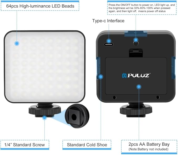 LED Video Light with 3 Cold Shoe, PULUZ on Camera Video Light LED 64 5W Dimmable Video Splicing Fill Light with 1/4" Thread for Canon for Nikon for Sony and Other DSLR Cameras