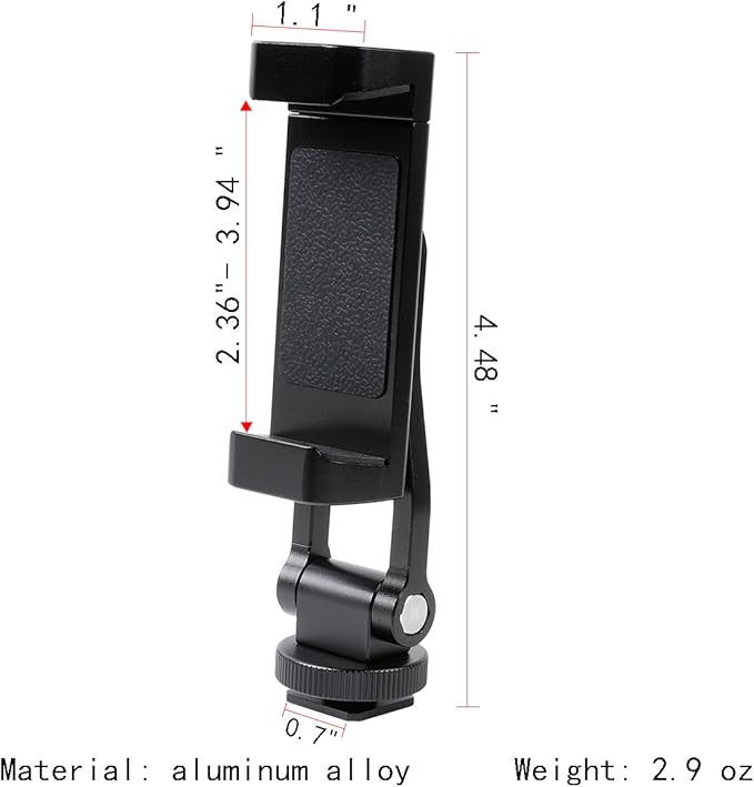 Aluminium Alloy Phone Tripod Mount, Universal Cell Phone Mount Adapter with 2 Cold Shoe Mount for Horizontal and Vertical Shooting, Compatible with iPhone, Pixel, Samsung Galaxy and All Phones