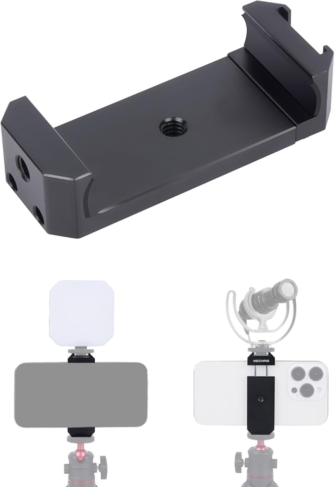 Universal Cold Shoe Phone Clamp Mount with Triple 1/4" Screws - 60-80mm Silicone Grip for iPhone Samsung Vlog Live Streaming Camera Accessories 84001