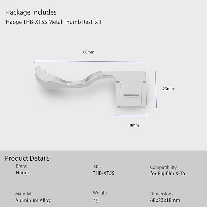 Haoge THB-XT5S Hand Grip Metal Hot Shoe Thumb Up Rest for Fujifilm Fuji X-T5 Camera Foregrip Silver