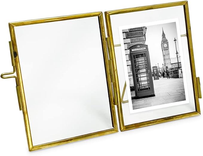Isaac Jacobs 2x3, Antique Gold, Vintage Style Brass and Glass, Metal Floating Picture Frame (Vertical) with Locket Closure, for Photos, Art, & More, Tabletop Display (2x3 Antique Gold)
