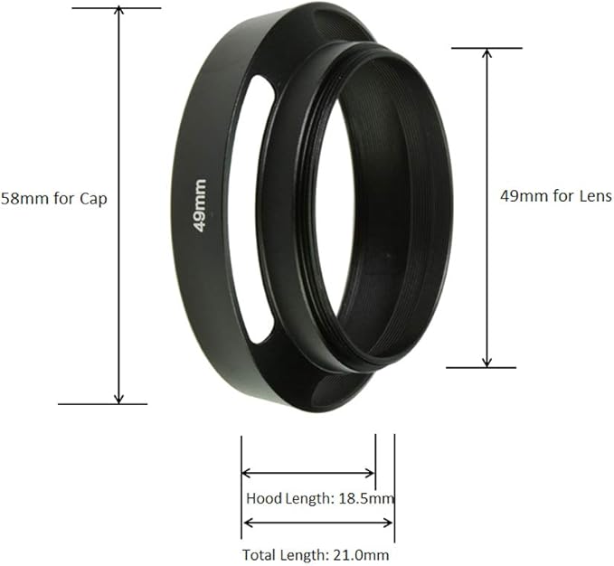 SIOTI 49mm Lens Hood, Oxidation Matte Anti Reflective Treatment, Aluminum Alloy, with 1 * 58mm Lens Cap, Compatible with Sony/Canon/Nikon/Fuji etc >40mm Camera Lens