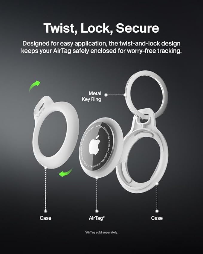 Belkin Apple AirTag Secure Holder with Key Ring - Durable Scratch Resistant Case With Open Face & Raised Edges - Protective AirTag Keychain Accessory For Keys, Pets, Luggage, Backpacks & More - White