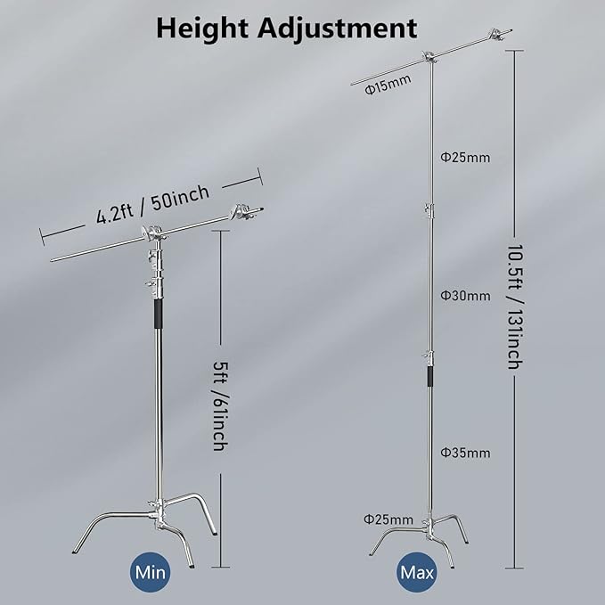 2 Pack Photography C Stand with Boom Arm: 100% Stainless Steel - Max Height 10.5ft/131inch Heavy Duty Light Stand, with 4.2ft/50inch Holding Arm, Grip Head, Sandbag, Backdrop Clamp