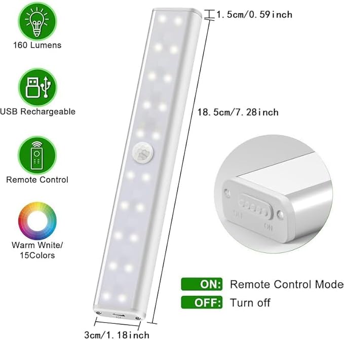 Under Cabinet Lighting with Remote, 15 Color RGB 4 Dynamic Working Modes Wireless Lamp, 1100mAh Rechargeable Lamp & 3 Timer, Stick on Lights for Kitchen, Home Decor, Closet, House Party (2 Pack)