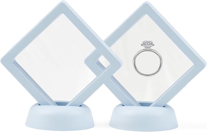 Ring Challenge Coins Display Stand, 3D Display Floating Frame Jewelry Medallion Specimen, Ring Shadow Box Case, 2.75"x2.75"x0.79"(Blue - 2PCS)