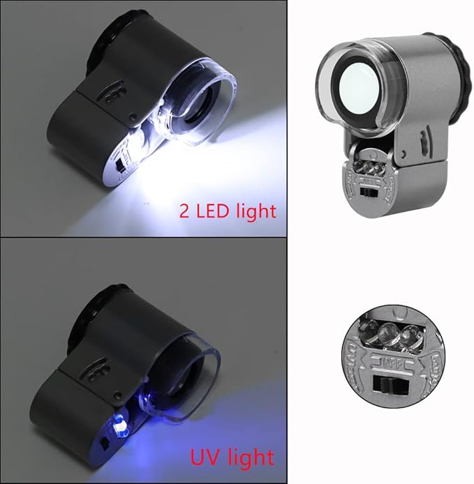 50X Jewelry Loupe Mini Pocket Magnifier Portable Microscope Magnifying Glass with LED UV Lights Jewelers Loupe Magification for Jewelry Diamand Coins Stamps Antiques Currency Detecting
