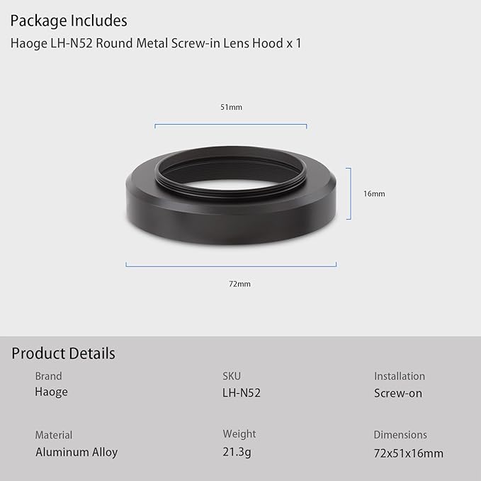 Haoge Metal Lens Hood for Nikon NIKKOR Z 40mm f/2, Z 28mm f/2.8, Z 28mm f/2.8 (SE) Lens,Screw Hood, Compatible with 52mm UV Filters and 52mm Lens Cap