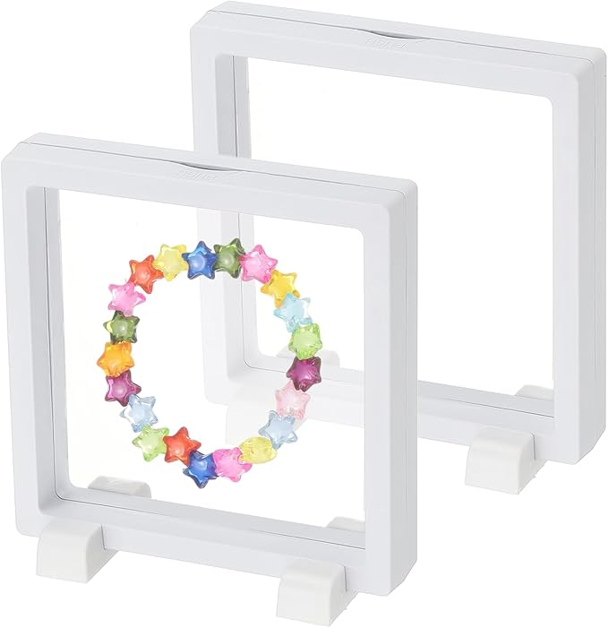 PATIKIL 2Pcs Floating Display Case, 4.3 Inch Jewelry Display Case Stand Challenge Coin Holder Frames Transparent Small Storage Box 3D for Necklace Bracelets Pendants, White