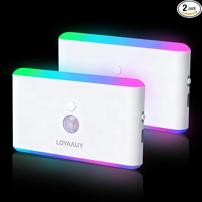 Motion Sensor Night Light 2-Pack, Long-Lasting Rechargeable Magnetic LED Nightlight, Warm & RGB Soft Dimmable, Wireless USB Auto Sensor Lights for Indoor Bedroom, Bathroom, Hallway, Stairs
