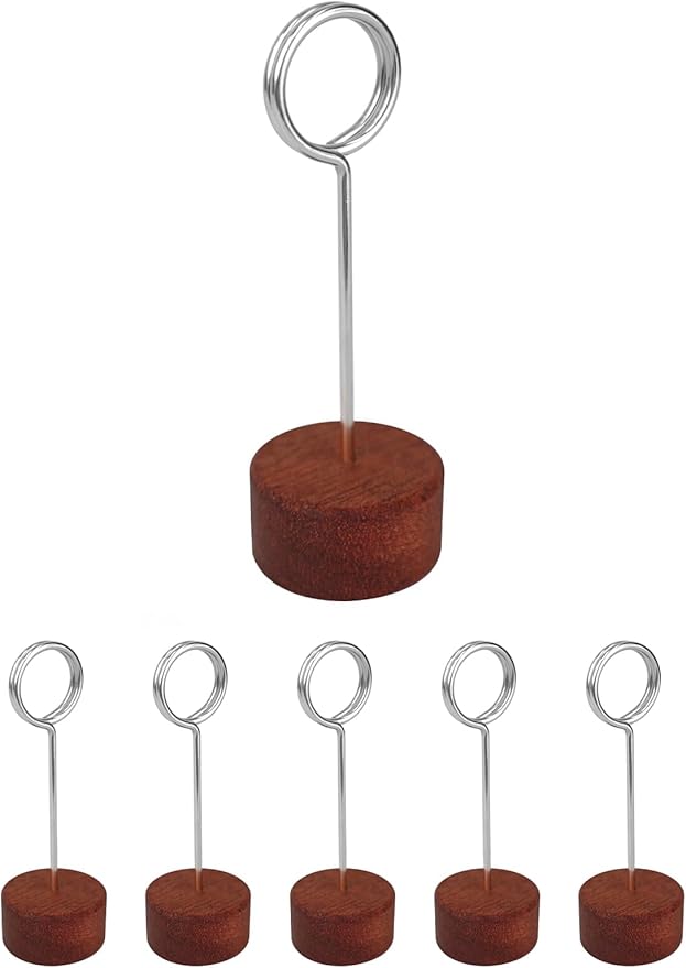 6 Pack Wood Place Card Holders with Metal Clip, 4.3" Tall Table Number/Name Sign Holder, Memo Card Photo Picture Note Clip Stands for Party Restaurant (Silve Circle)