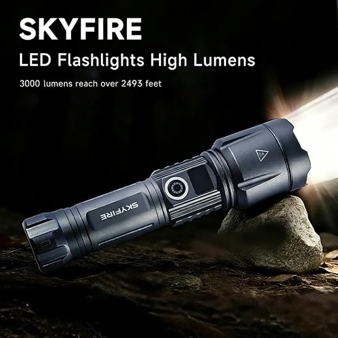 SKYFIRE LED Flashlights High Lumens with Digital Display&3 Color Lens,3000lm Super Bright Rechargeable Flashlight,5Modes&Zoomable,Waterproof Tactical Flash Light for Camping,Emergency&Gift-Upgraded