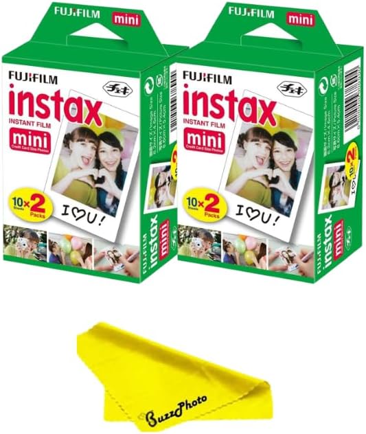 Fujifilm Instax Mini Twin Pack Picture Format Instant Daylight Film for Fujifilm Instax Mini Instant Cameras w/BuzzPhoto Microfiber Cleaning Cloth (2 Twin Packs (40 Sheets))