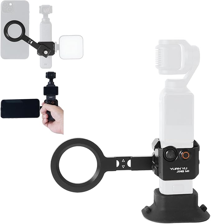 YUANYU Metal Magnetic Mount Cage Non-Slip Silicone Suction Base Mount for Pocket 3 with 360° Rotating Strong Magnetic Mount for DJI Pocket 2/3 Dual Cold Shoe Adapter Compatible with All iPhones