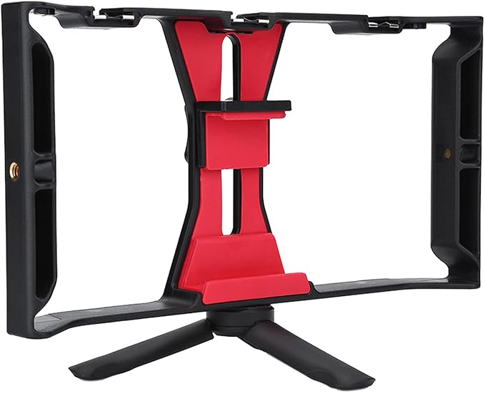 Qiilu Professional Dual Handle Handheld Phone Adjustable Stabilizer Support Recording Rig with Tripod for Vlog Video Creation, Filmmaking Accessory