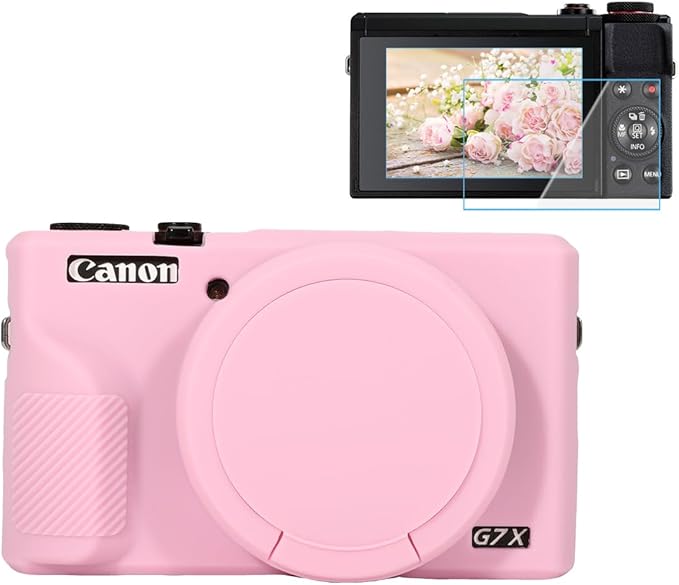 Pocoukate Case for Canon G7X Mark III Camera, Soft Silicone Protective Cover Skin with Removable Lens Cover for Powershot G7X Mark iii, Silicone Case with G7X3 Screen Protector Accessories - Pink