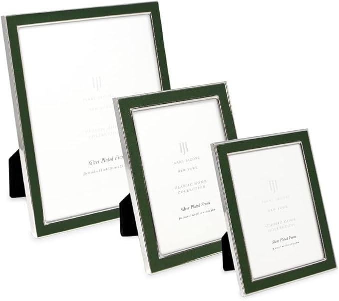 Isaac Jacobs 5x7 Olive Leather with Silver Metal (Vertical & Horizontal) Picture Frame, Suede Border w/Black Fabric Easel, Wall-Mountable, Made For Tabletop, Photo Gallery (5x7, Olive W/Silver)