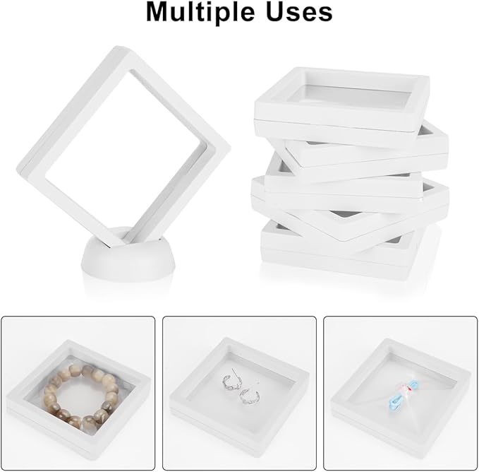 12PCS 3D Floating Frame Case with Stands, Challenge Coin Display Stand Holder, Gift Packing Frame Showcase for Earrings, Jewelry, Medallions, Specimens, 3.54x3.54 Inch (White)