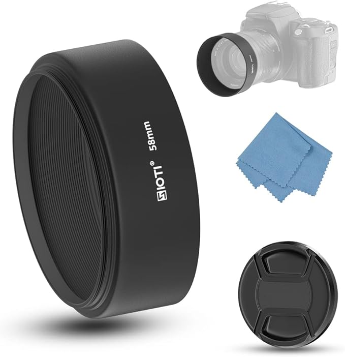 SIOTI 58mm Lens Hood, Oxidation Matte Anti Reflective Treatment, Aluminum Alloy, with 1 * 62mm Lens Cap, Compatible with Sony/Canon/Nikon/Fuji etc >50mm Camera Lens