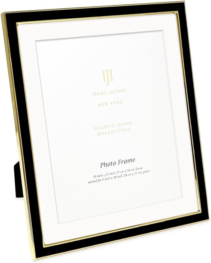 Isaac Jacobs 10x12 (Matted 8x10) Black Enamel Picture Frame with Gold Metal Edge and Easel, Tabletop Display, Wall Décor, Photo Gallery, (10x12 (Matted 8x10), Black with Gold)