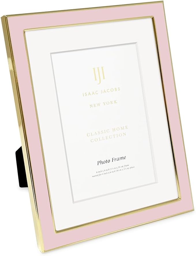 Isaac Jacobs 6x8 (Matted 4x6) Blush Enamel Picture Frame with Gold Metal Edge and Easel, Tabletop Display, Wall Décor, Photo Gallery, (6x8 (Matted 4x6), Blush with Gold)