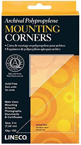 Lineco, Archival Polypropylene Mounting Corners, Acrylic Self-Adhesive, Acid-Free, Non-Yellowing, 3 Inches, Mount Artwork Photographs Certificates (Pack of 100, Set of 2) Clear