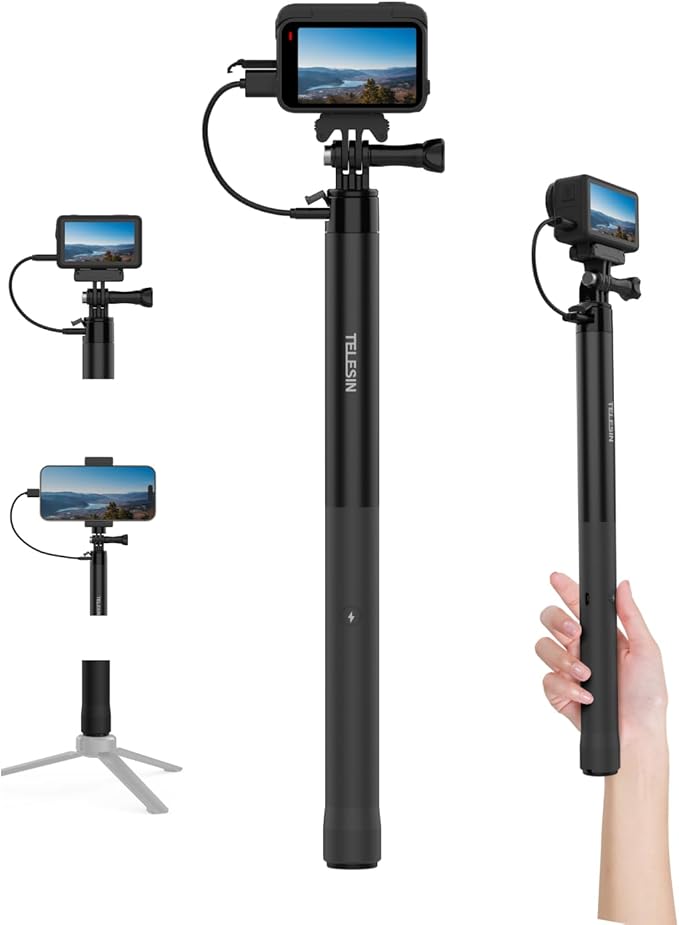 TELESIN Power Grip Selfie Stick for DJI OSMO Namo Action 6 5 Pro 4 3,GoPro Hero 13 12 11,Insta360 X5 X4 Action Camera & Phone, 40.16"Extension Charging Handle Grip, Portable Battery Power Selfie Pole