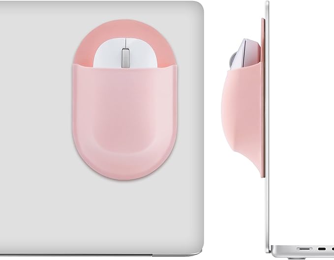 Epessa Stick-On Mouse Pouch, Universal Holder for Wireless Mice, Reusable Adhesive, No Glue Residue, Compatible with iPad or MacBook (Pink)