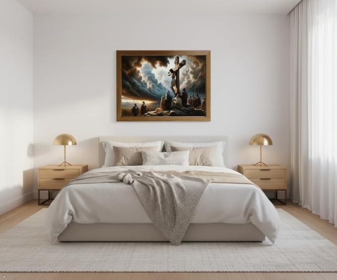 Jesus Crucifixion Wall Art 8x10 Inch Framed Christian Canvas Print, Religious Cross Picture Decor for Prayer Room Church Living Room Bedroom, Ready to Hang or Stand with Easel Back