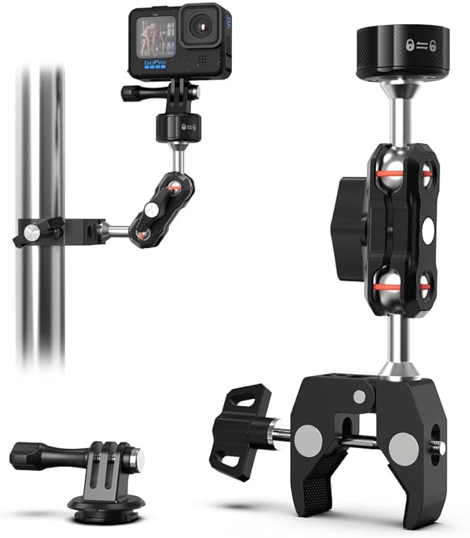 SUREWO Super Camera Clamp Mount,Super Clamp Mount with Dual Ballhead Magic Arm Compatible with Gopro Hero 13,12,11,10,9,8,7,6,5, Insta360 X4/3/2, DJI Osmo Action 6/5 pro/4/3,AKASO and More