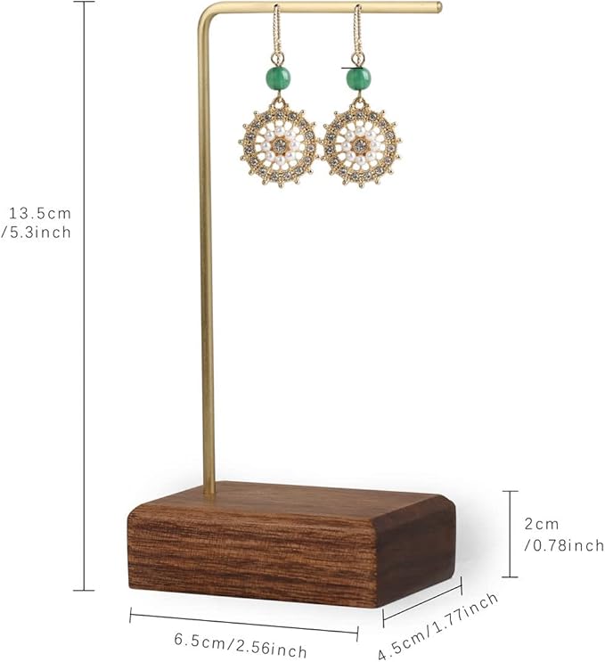 GemeShou brass earring display stands for selling, wooden ear ring holders for jewelry, single stud holder jewelry display【Walnut brass earring stand Height 5.31"】