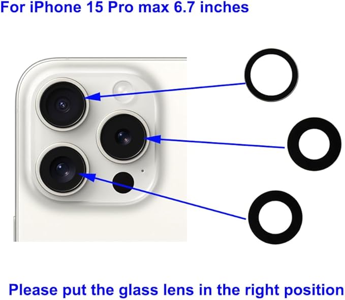 3pcs OEM Original Rear Back Camera Glass Lens Replacement for iPhone 15 Pro Max 6.7 Inches with Preinstalled Adhesive and Repair Tools Kit (for 15 Pro Max)