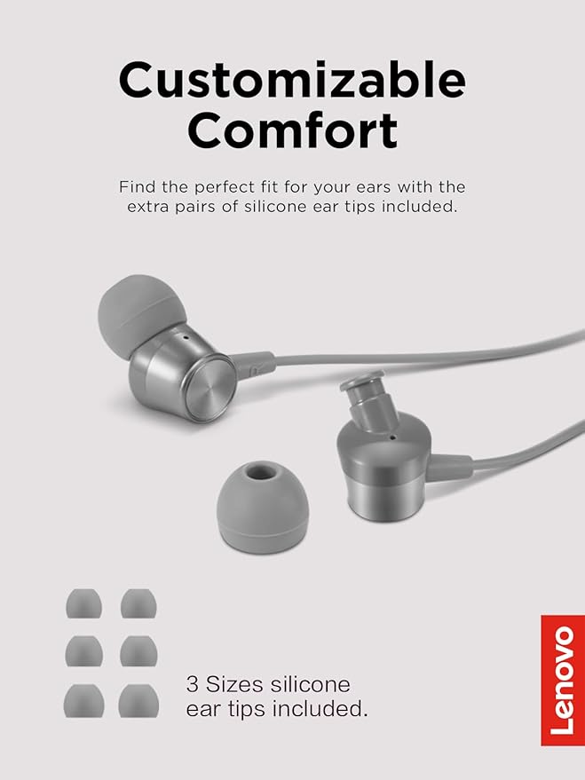 Lenovo - 110 Analog in-Ear Headphones - in-Line Microphone - 3.5mm Connectivity - Play & Pause Button - 3 Sizes of Ear Tips Included,Grey