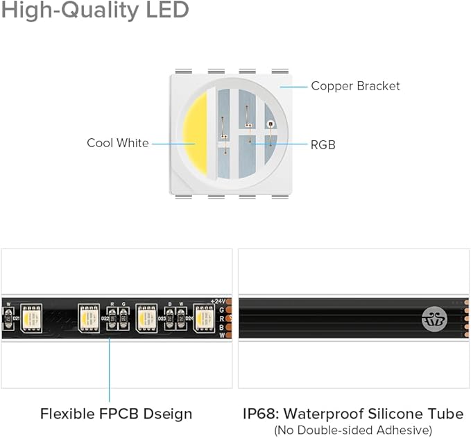 BTF-LIGHTING IP68 Waterproof Outdoor RGBW LED Strip 5050SMD RGB+Cool White(6000K-7000K) 4 Colors in 1 DC24V 5m 16.4ft 60LED/m Multi-Colored Tape Lights Can Work Outdoor(No Adapter or Controller)