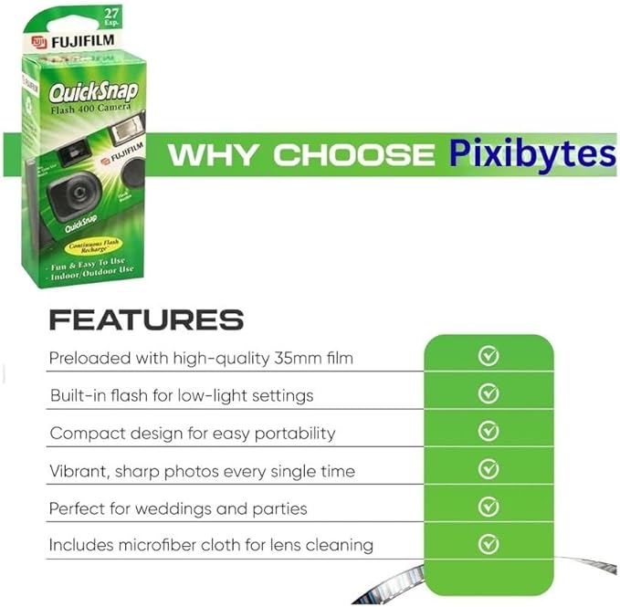 Fujifilm QuickSnap Flash 400 Disposable 35mm Camera with PixiBytes Microfiber Cleaning Cloth... (15 Packs (7 Twin/1 Single Pack))