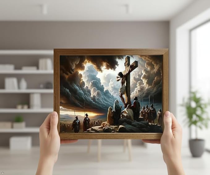 Jesus Crucifixion Wall Art 8x10 Inch Framed Christian Canvas Print, Religious Cross Picture Decor for Prayer Room Church Living Room Bedroom, Ready to Hang or Stand with Easel Back