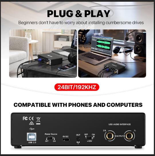 EBXYA 2x2 Audio Interface for Recording Music, 24-bit/192kHz Plug and Play USB Interface for PC and Mac, Studio, Guitar, Podcast, Streaming(Metallic Black)