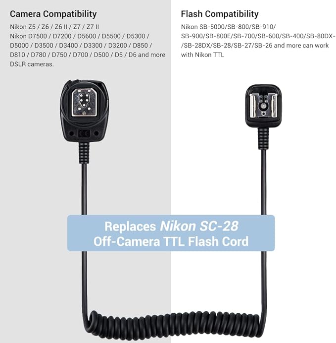 Flash TTL Cord JJC Off-Camera Flash Hot Shoe Cord for Nikon Z5 Z6 Z6II Z7 Z7II D6 D5 D780 D850 D810 D750 D500 D7500 D7200 D5600 D5500 D5300 D3500 D3400 Replaces Nikon SC-28 Cord -1.3m