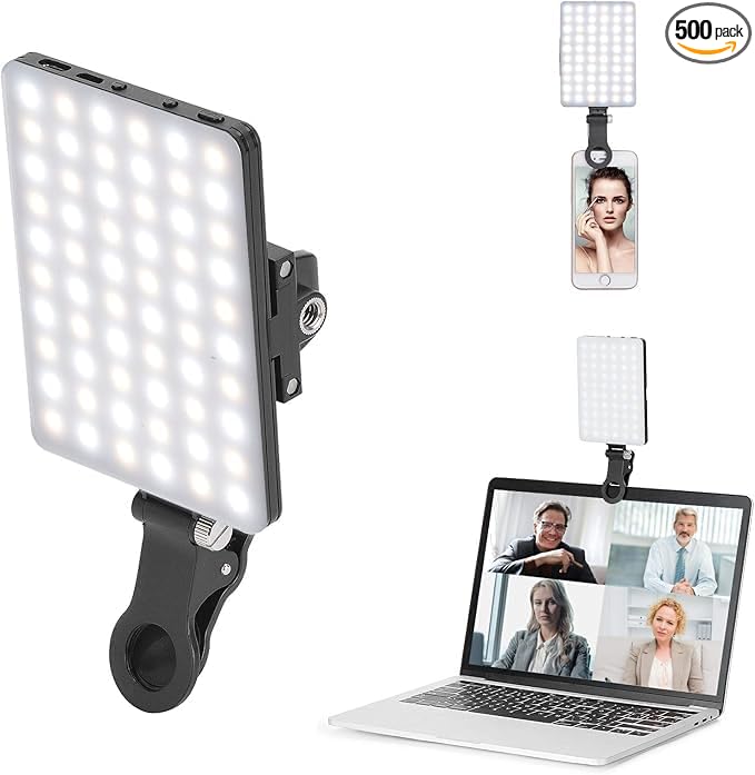 60-LED Rechargeable Clip-On Video Light – Dual Clamp for Phone & Laptop – 3 Color Modes • 10 Brightness Levels • USB-C Rechargeable Portable Lighting for TikTok, Selfie, Vlog & Makeup