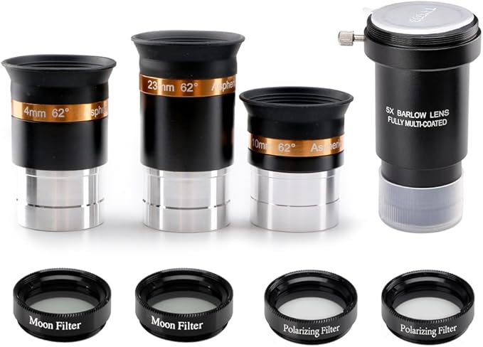 Starboosa 62° Aspheric Eyepiece Set, 1.25" (23mm/10mm/4mm) with 5X Barlow & 4 Filters (2 Polarizing, 2 Moon) — Multi-Coated Optics — Soft Fold-Down Eyecups — Fits Most Telescopes