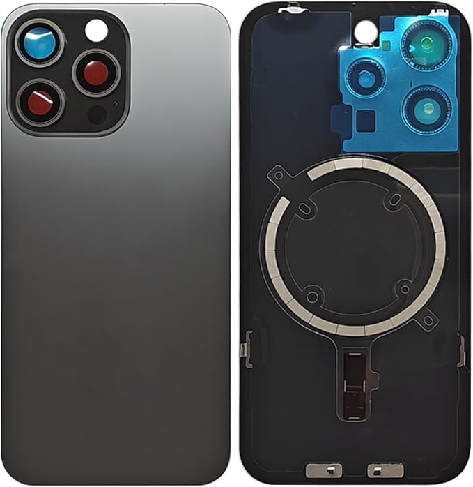 1Pcs/Lot Battery Cover Glass for iPhone 15 Pro Max Back Housing Replacement with Small Parts Metal Plate Magnetic for iPhone 15PM 2in1 Big Hole Back Glass Rear Door Case (Black)