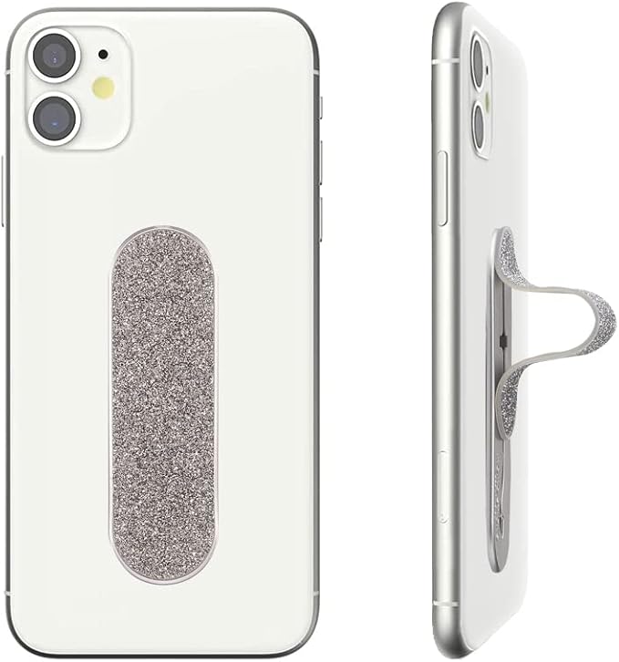 Momostick Flatstick, Cell Phone Finger Grip Strap Holder for Hand, Cell Phone Stand, New Slim Finger Loop Selfie Grip Compatible with Most Smartphones - Glitter Silver