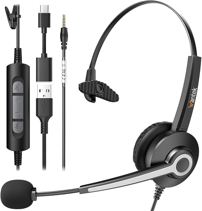 Wantek USB-A/USB C/3.5mm Jack 3-in-1 PC Headset, Wired & Noise with Noise-Cancelling Microphone for Laptop - Type-C Computer Headphones with Mic in-line Control for Home