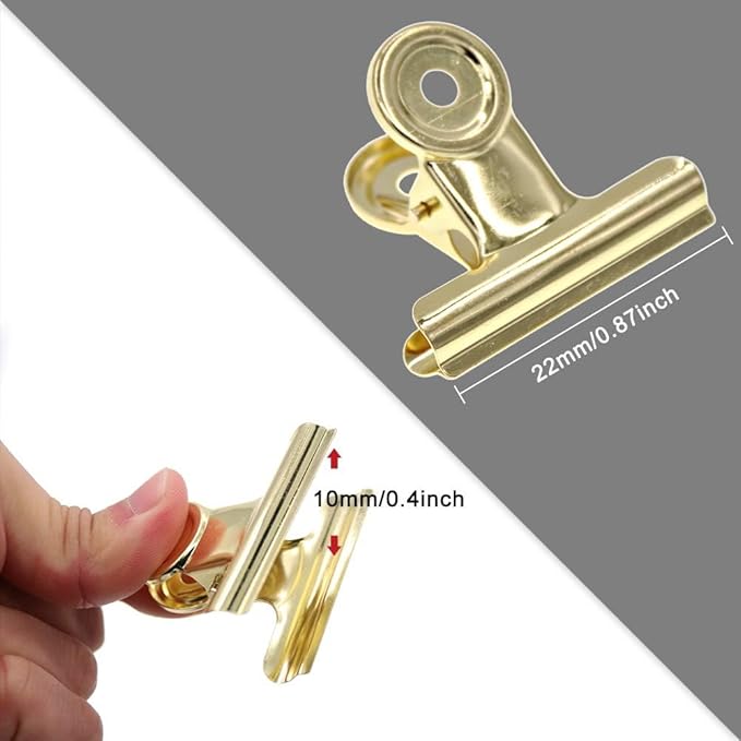 Coideal Small Gold Bull Hinge Clips, 30 Pcs Tiny Metal Binder Paper Clips for Tags Bags, Pictures Photos, Wire Grid Wall Decor, Office and Home Kitchen (Light Gold, 22mm)
