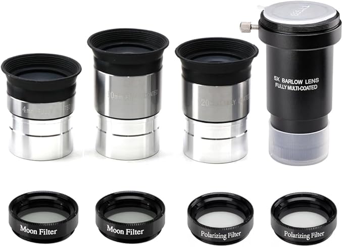 Starboosa Complete Telescope Eyepiece Set - Multi-Coated Optics - 1.25 inch Eyepiece Set with 4mm, 10mm, 20mm Lenses, 5X Barlow Lens, 2 Moon Filters, 2 Polarizing Filters