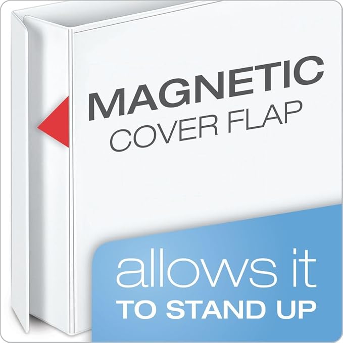 Cardinal 3 Ring Binder, 3 Inch FreeStand Binder with Magnetic Cover Flap, Shelf Pull and 5 Color-Coded Rings, ONE-TOUCH Easy Open Locking Slant-D Rings, Holds 650 Sheets, White