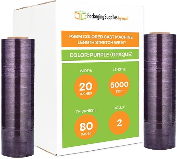 PSBM Purple Machine Stretch Wrap, 2 Pack, 20 Inch x 5000 Feet, 80 Gauge, Plastic Cling Dark Color Stretch Film Rolls for Packaging Packing Pallets