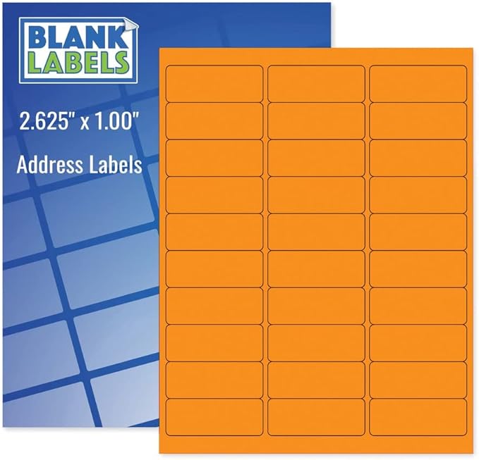 Fluorescent Orange Printable Mailing Labels/Qty 30 Labels Per Sheet / 2-5/8" x 1" (2.625 x 1) / Bright Adhesive Paper/Compatible with Inkjet and Laser Printer/Blank Labels