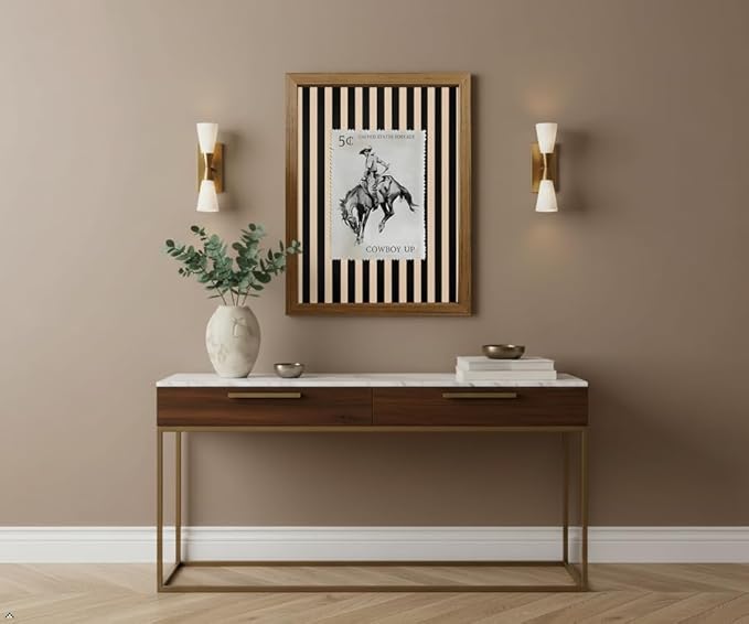 Cowboy Wall Art Framed Poster 8x10in Western Vintage Stamp Decor Rustic Farmhouse Cowboy Print Wooden Frame Picture for Bedroom Living Room Office, Desk or Wall Display with Stand & Hook, Waterproof Fade-Resistant